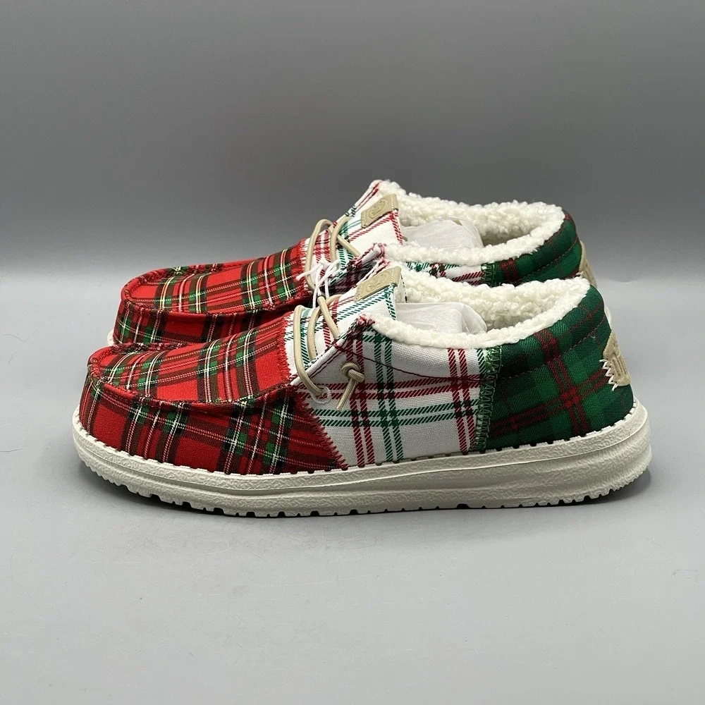 Hey‎ Dude Wally Youth Shoes US J1 Plaid Tartan Red White Green Slip-On Festive